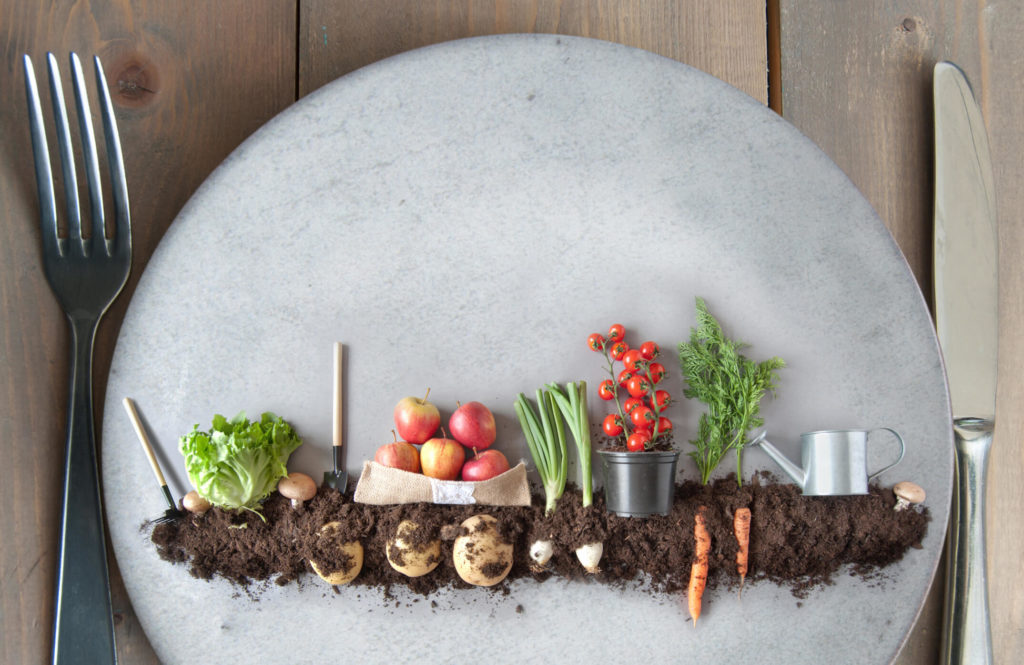 Concept image of fruits and vegetables growing in dirt on a dinner plate