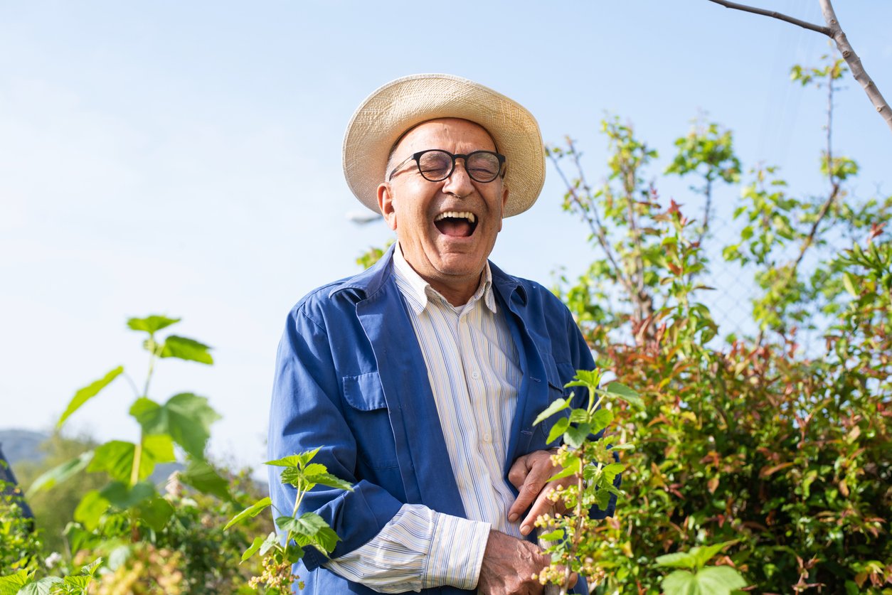 Senior man working in his garden on a sunny day