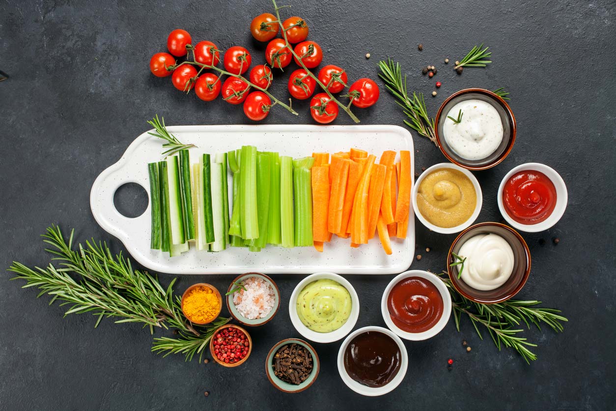 Crudite with variety of sauces, dips, and spices