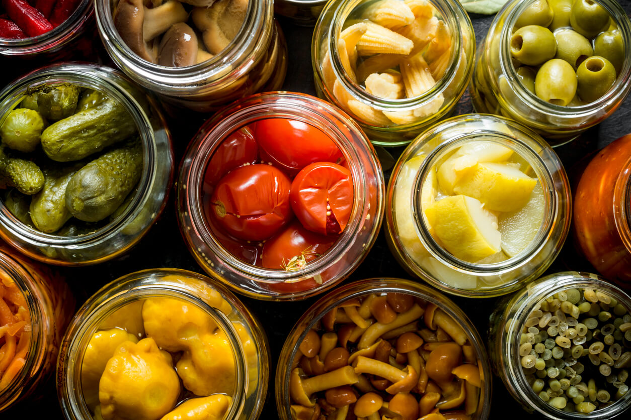 Preserved vegetables in glass jars