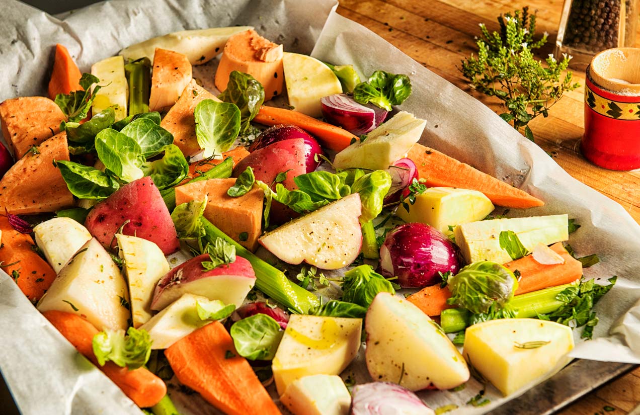 preparing root vegetables for baking