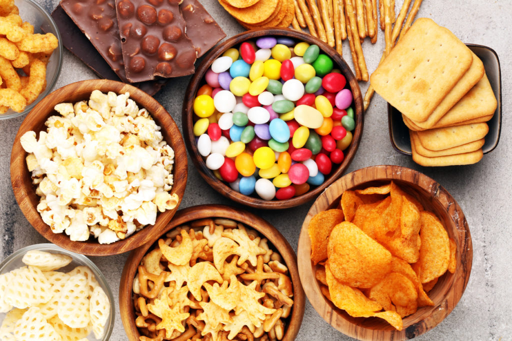 Ultra-processed foods in bowls that are bad for depression