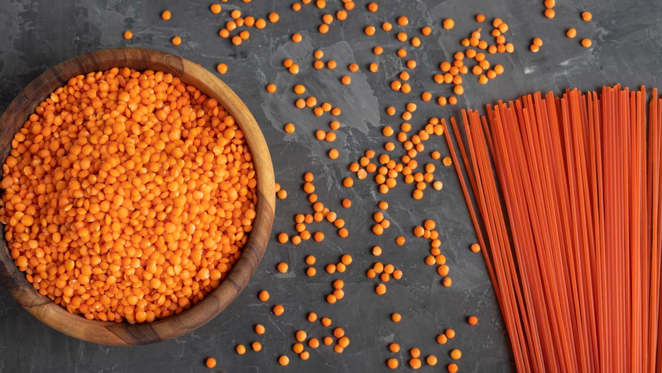 Red lentils and red lentil plant-based pasta