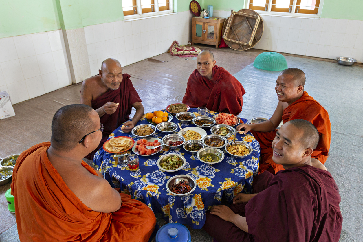 Buddhist Monks at lunch, Inle Lake, Myanmar