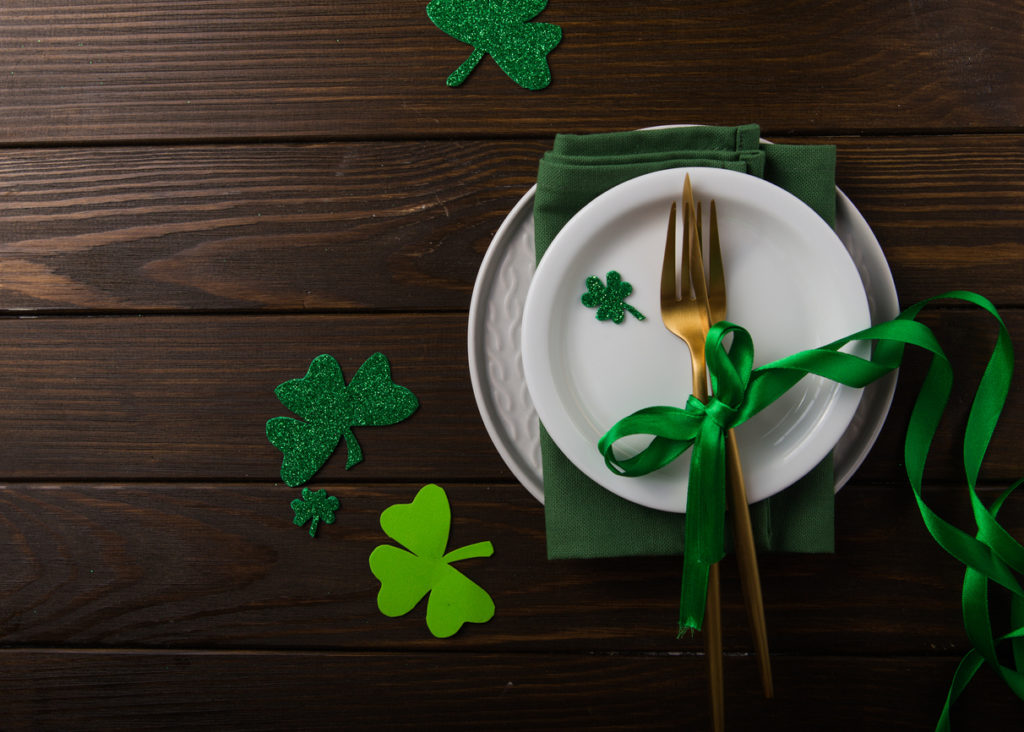 St. Patrick's Day meal concept with plate and shamrocks