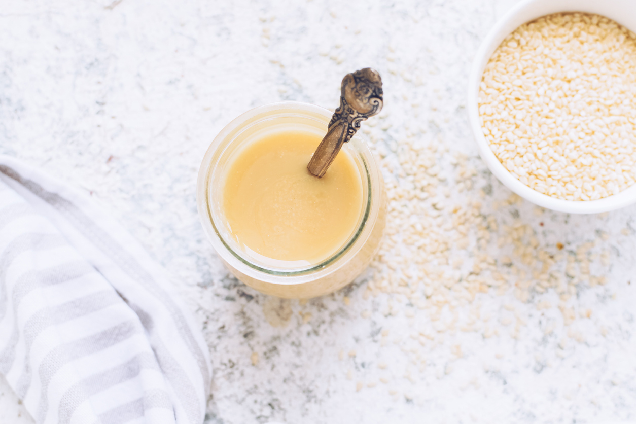 Homemade tahini paste from ground sesame seeds