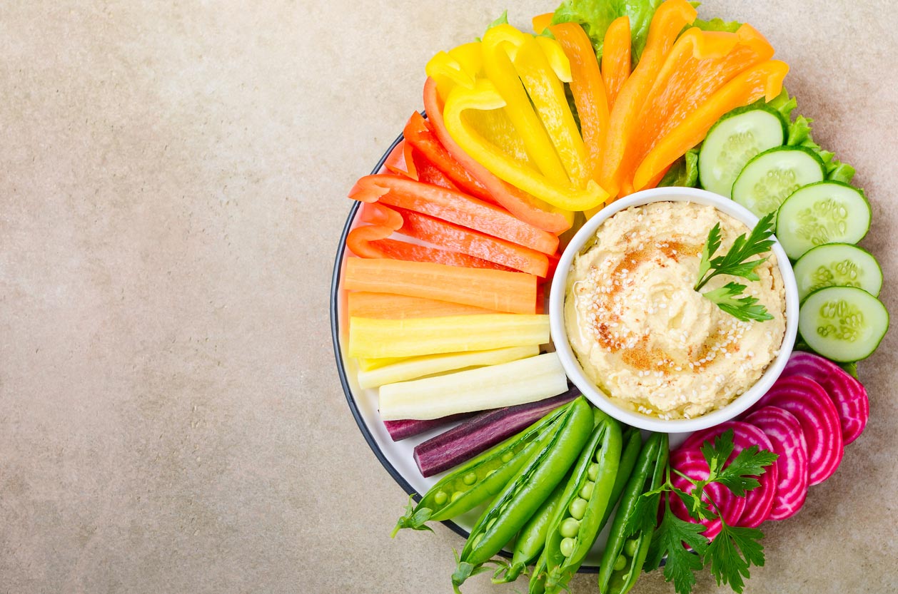 chopped veggie platter with hummus