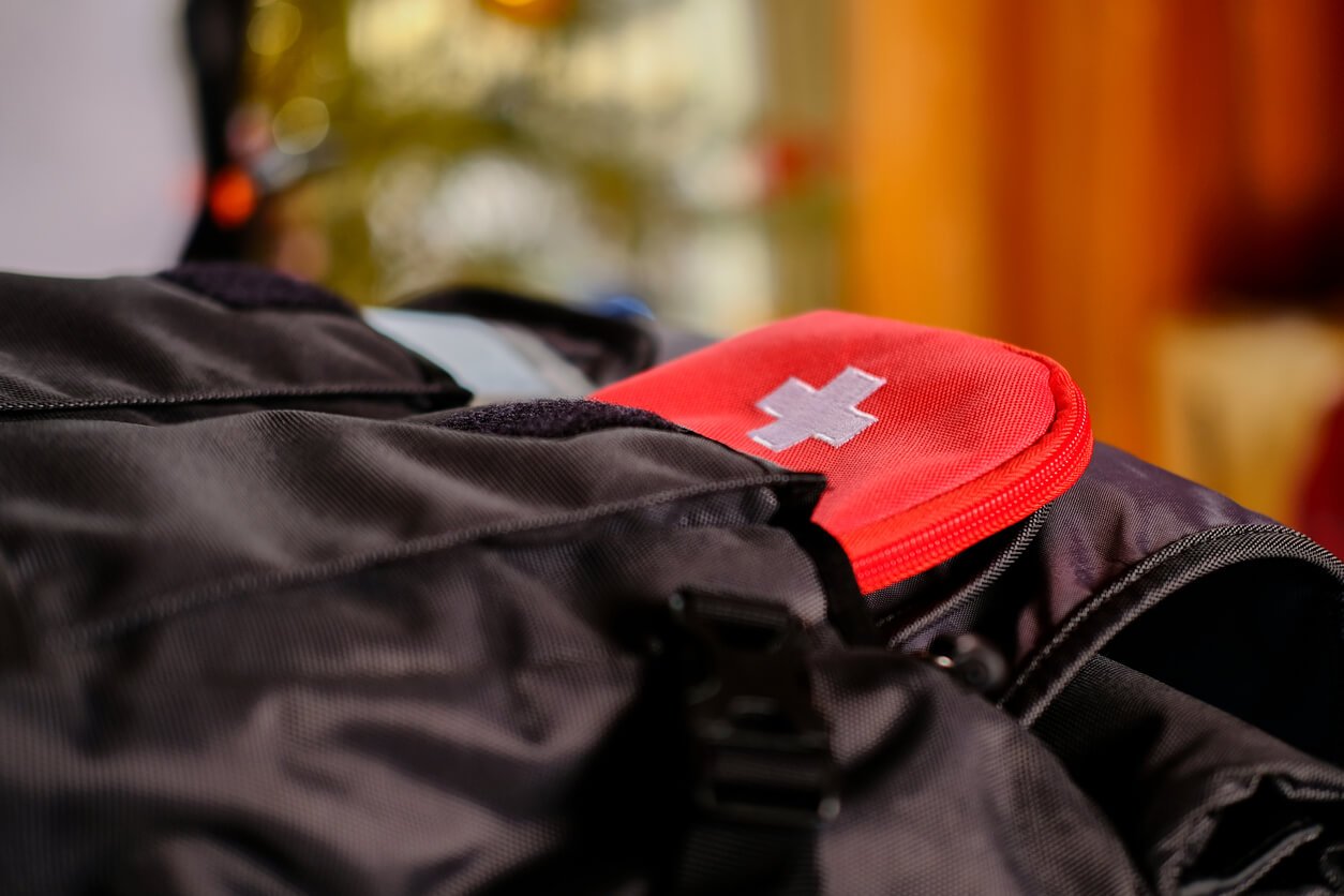 external passport with airplane ticket inside and tourists first aid kit