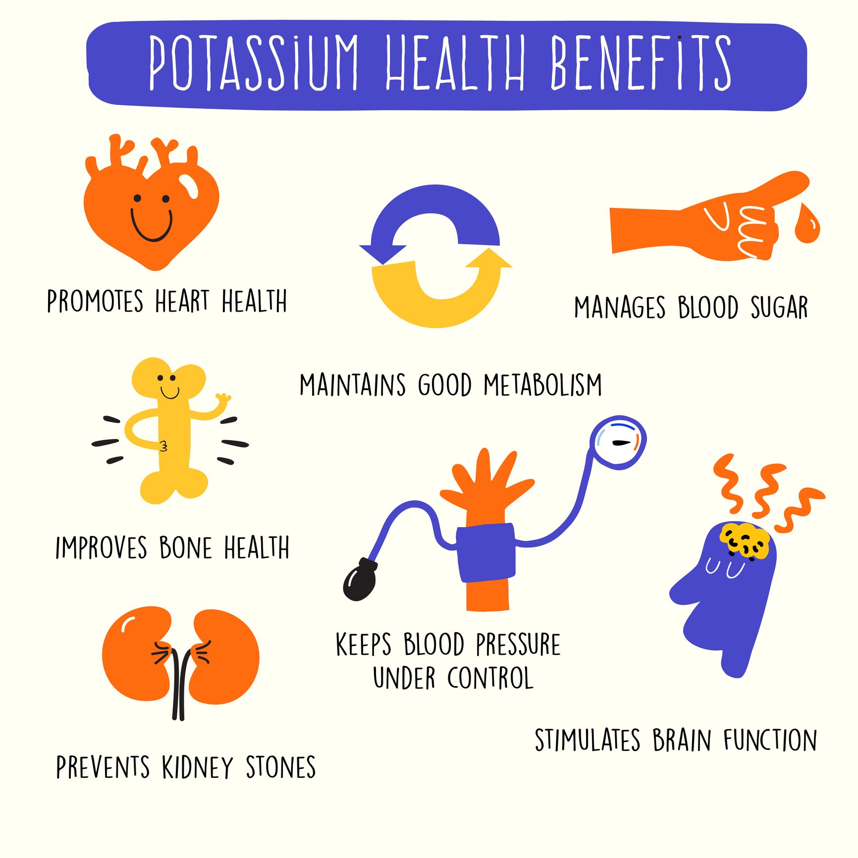 Potassium health benefits. Infographics poster. Vector illustration.