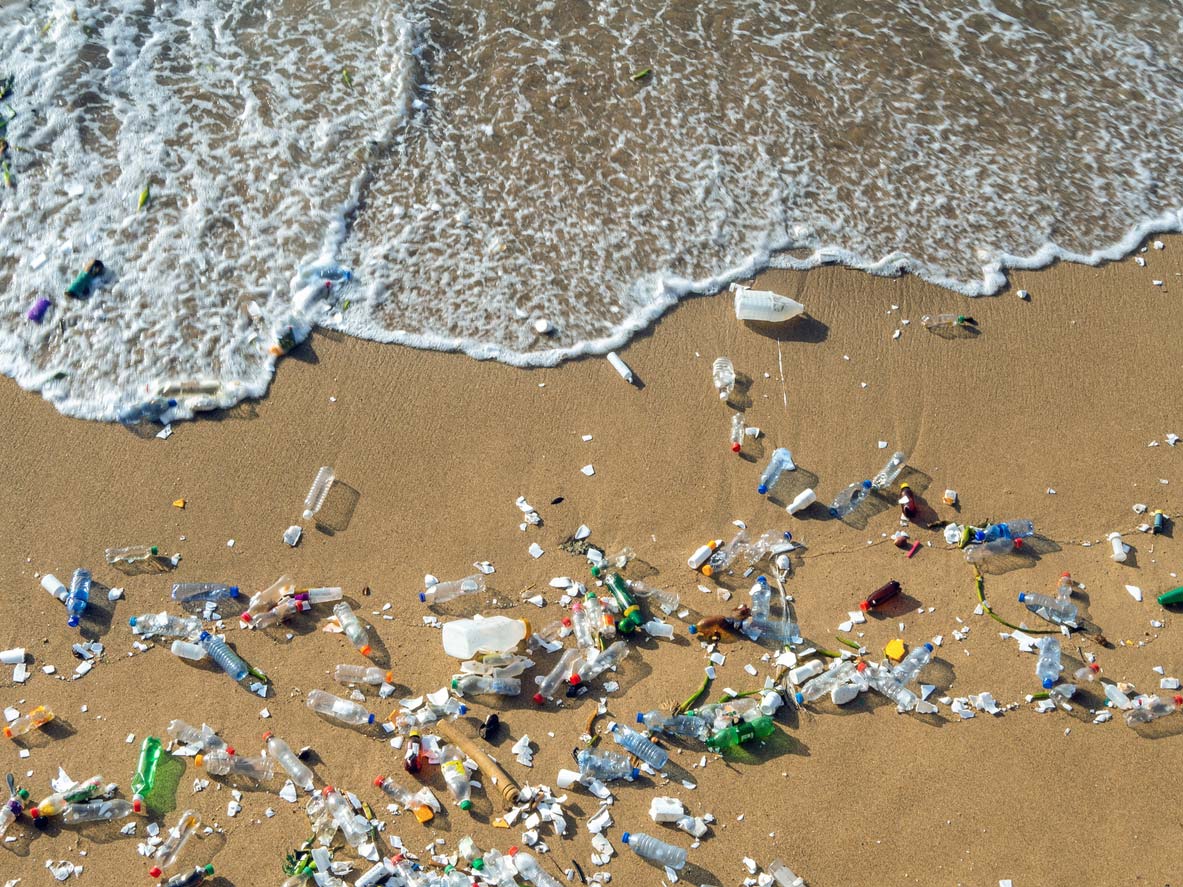 beach with plastic washed ashore