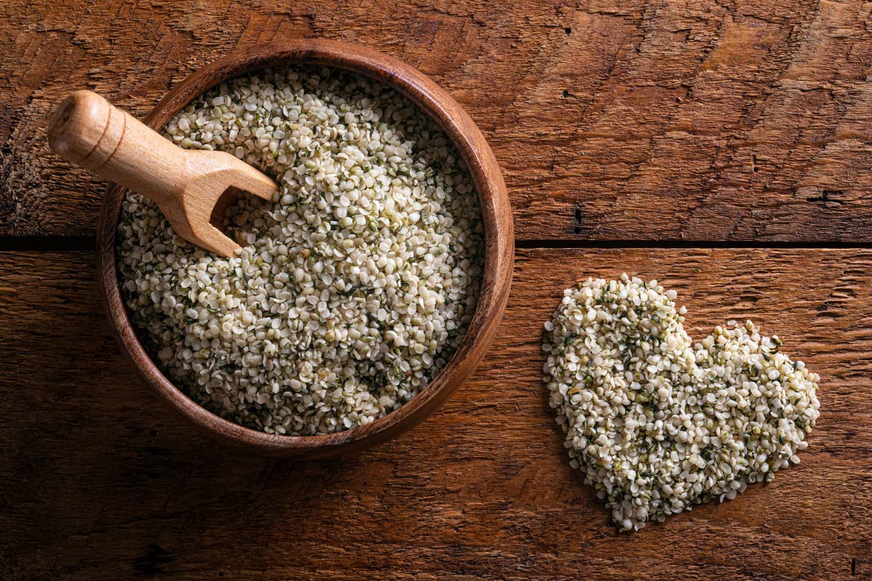 Hemp hearts in bowl and in shape of a heart