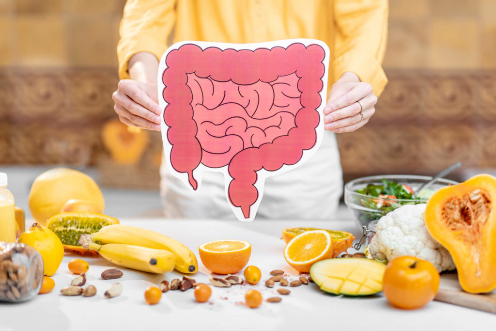 Person holding up an illustration of the digestive system over a counter top filled with healthy food