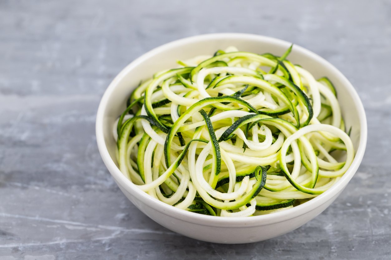 Raw zoodles in a bowl