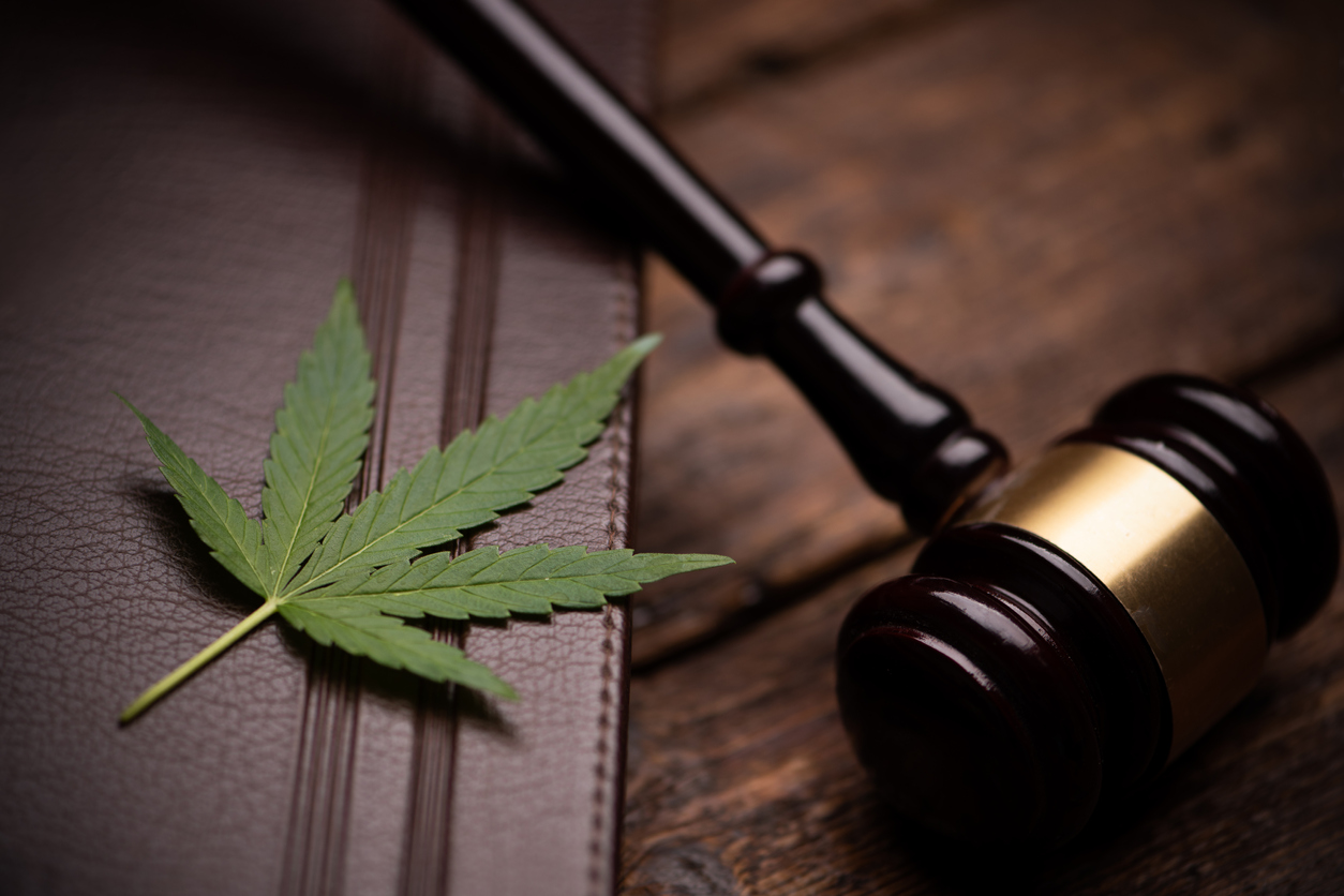 Cannabis leaf and judge gavel on woodwn table close up