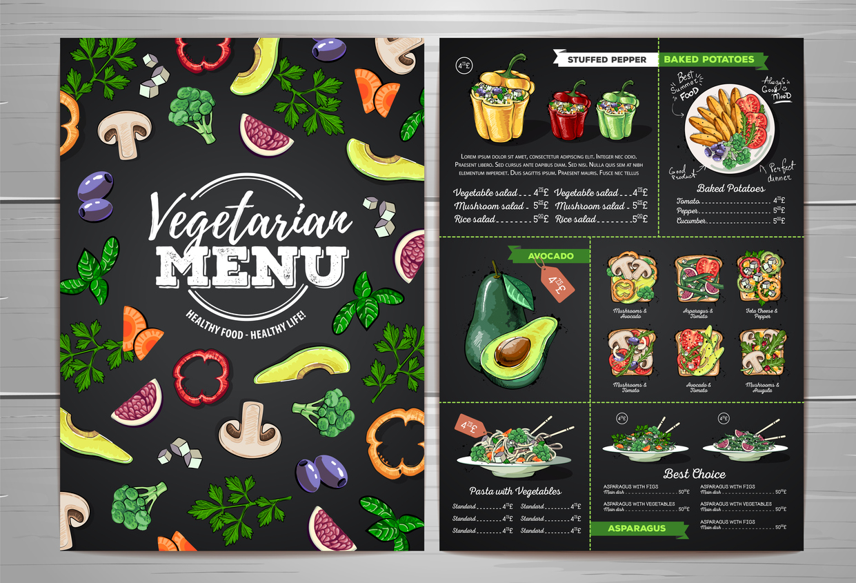Vegetarian menu design with vegan meals. Restaurant menu