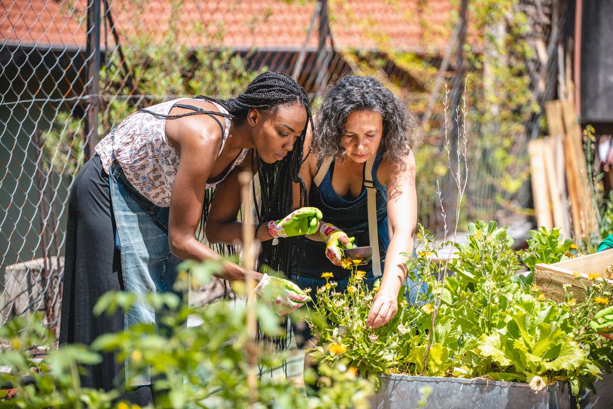 two women working in rooftop garden