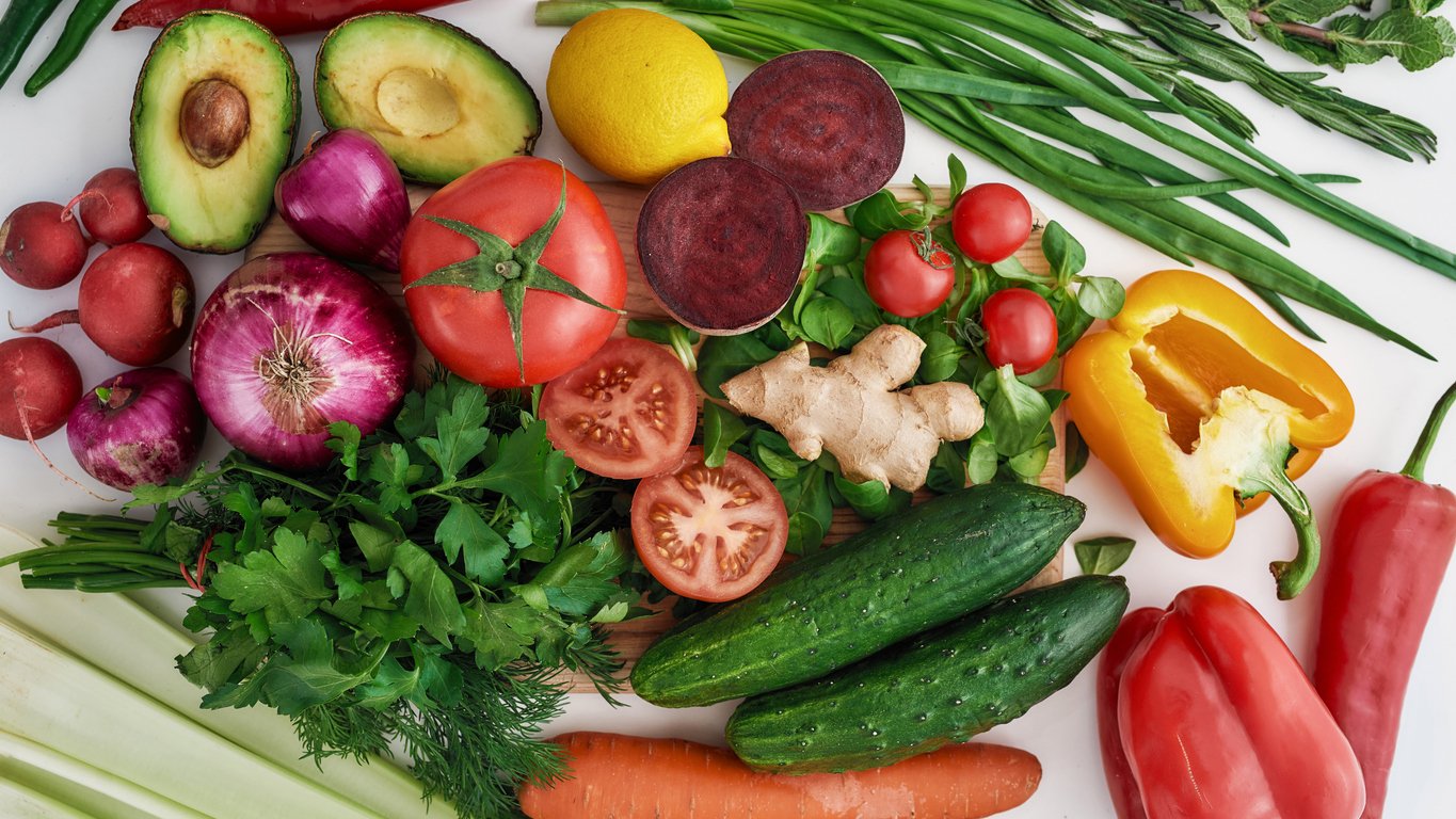 Top view of various colorful vegetables and herbs for making summer salad isolated over white background, Web Banner