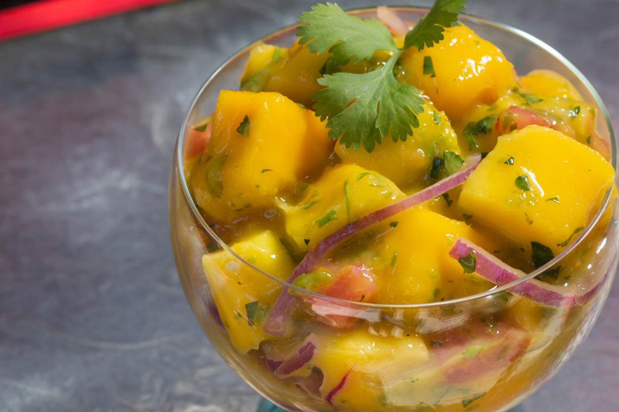 Mango ceviche, vegetarian and vegan Mexican food. Fresh fruit seviche close up