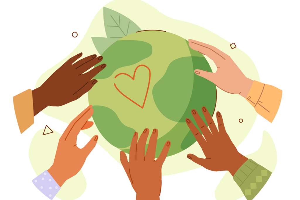 Illustration of diverse hands reaching for a green earth with a heart on it