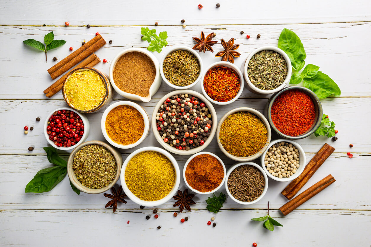 herbs and spices in bowls