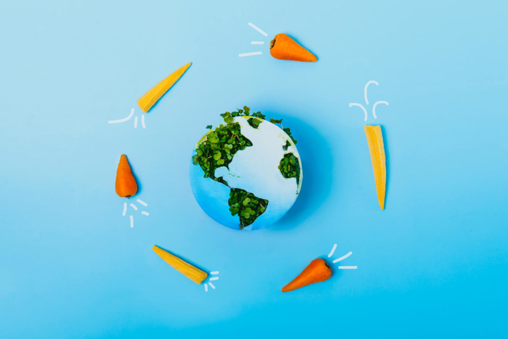 A sprouting earth graphic surrounded by carrots