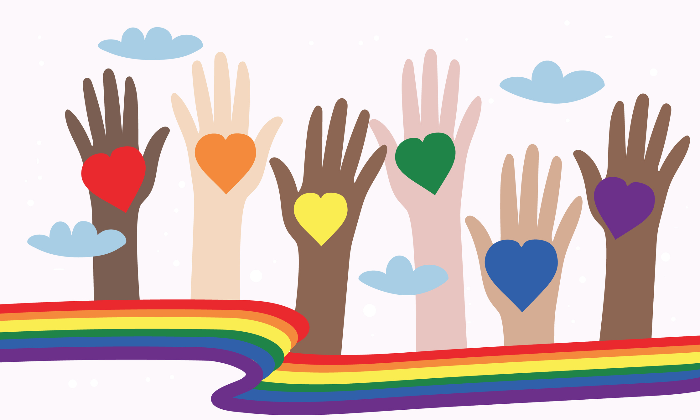 Vector illustration of LGBT community. Hands of different colors with rainbow hearts. Crowd of people with symbols at a gay parade. Color wave. Design for poster, flyer, postcard, banner, web.