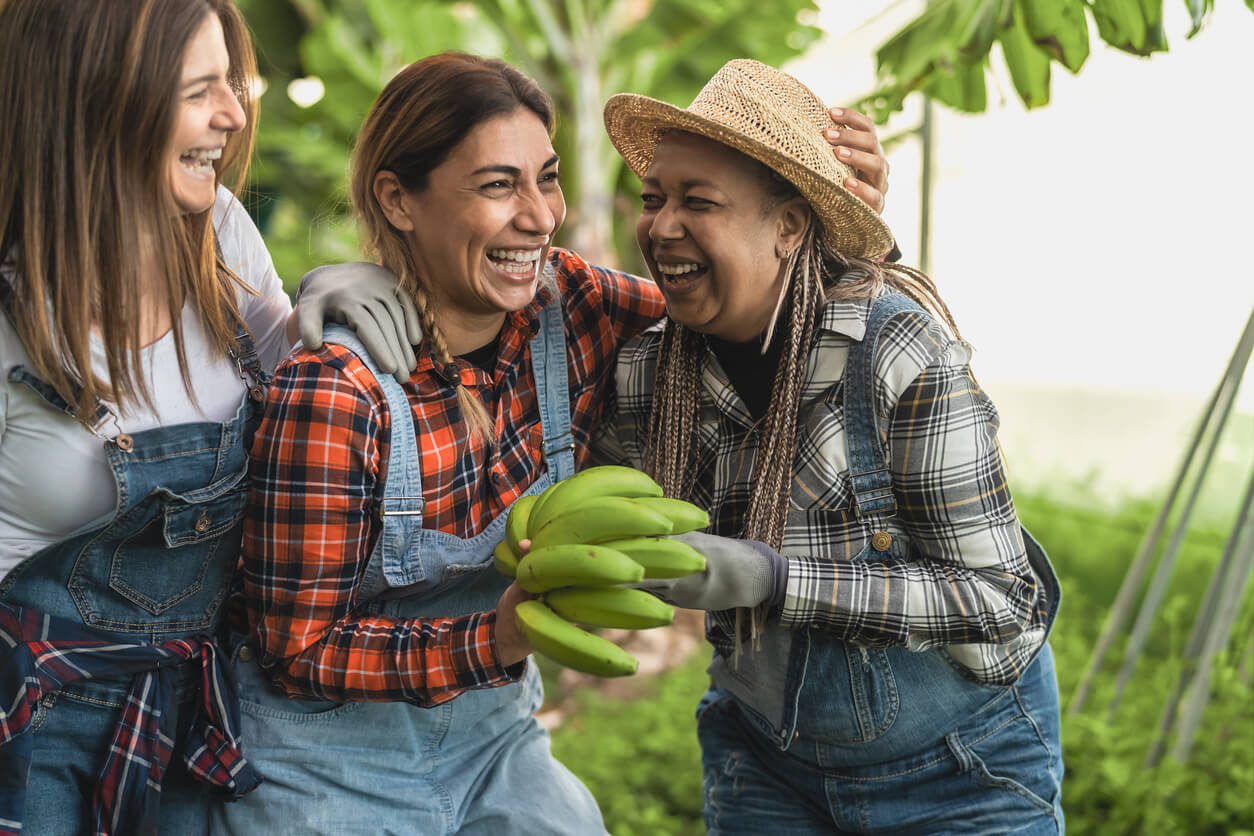 happy female farmers having fun working in bananas plantation farm people lifestyle