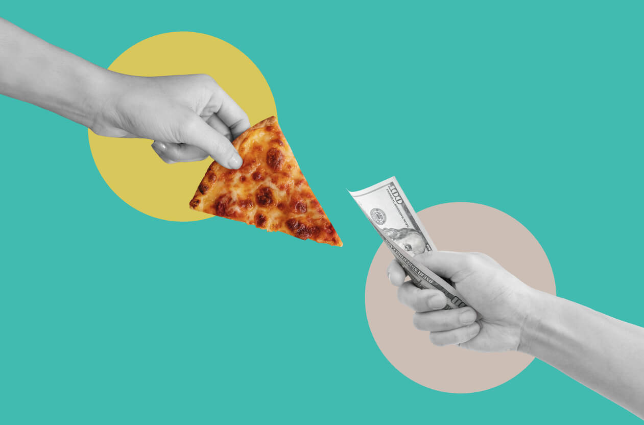 digital collage modern art hand holding slice pizza and hand holding money 