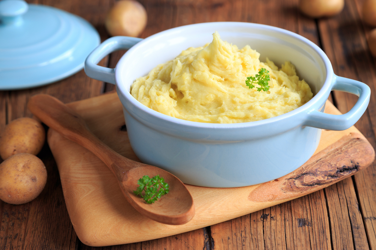 homemade mashed potatoes in a blue pot