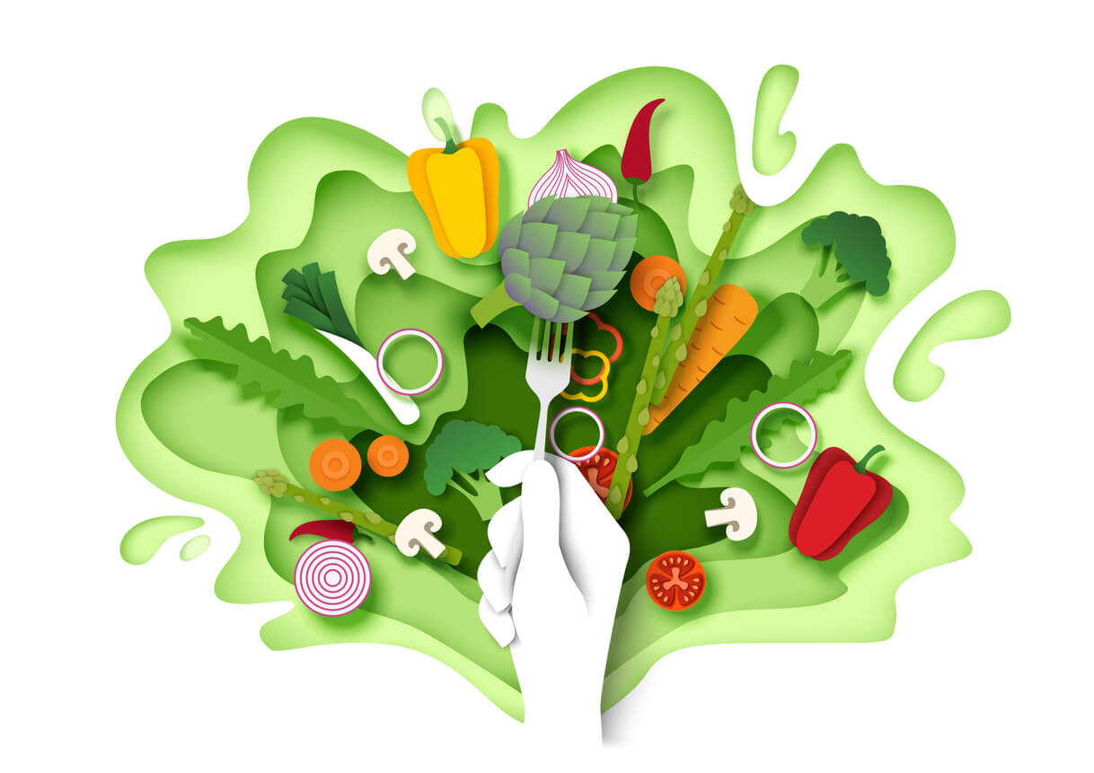 fresh vegetables and hand holding for with artichoke vector paper cut illustration
