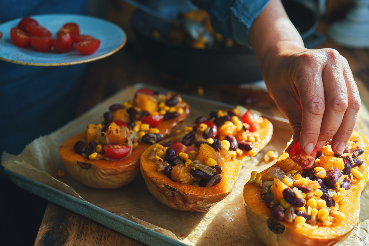 Preparing Burrito Butternut Squash Boats Filled with Ground Beef, Corn and Kidney Beans