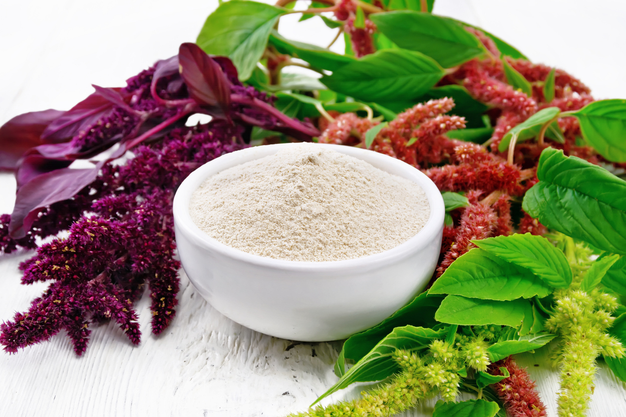Amaranth flour in a bowl, brown, green and purple flowers and leaves of a plant on wooden board background 