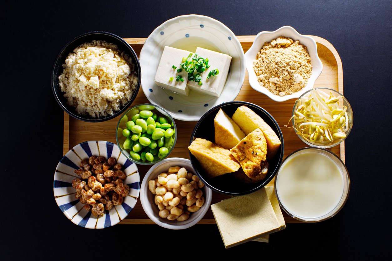 Japanese vegan foods made from soybeans include natto, miso, tofu, soy sauce, bean sprouts, and many others.