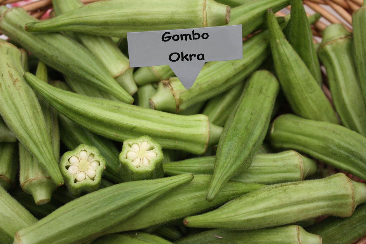 Okra on a market stall  European script name label