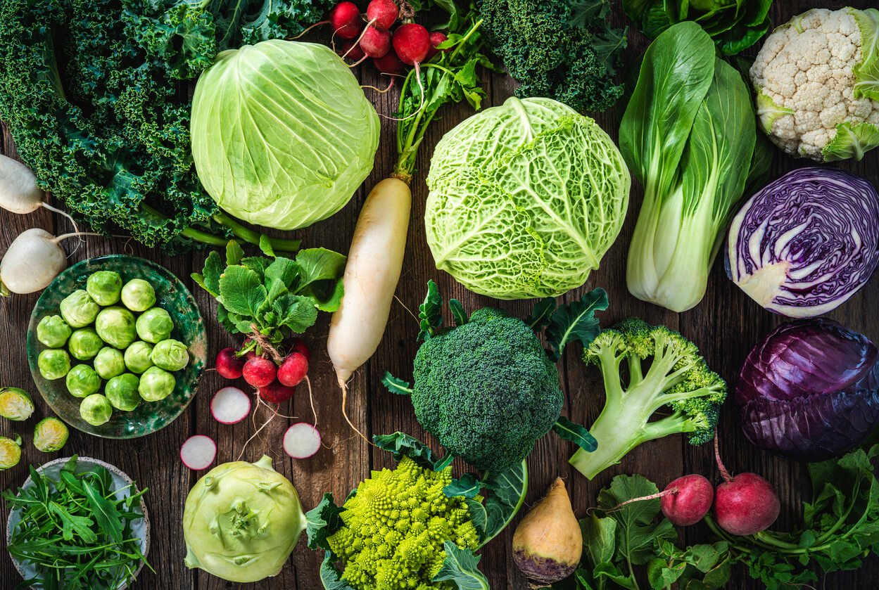 cruciferous vegetables assortment as cabbage broccoli, cabbage, turnip, kale, romanesco