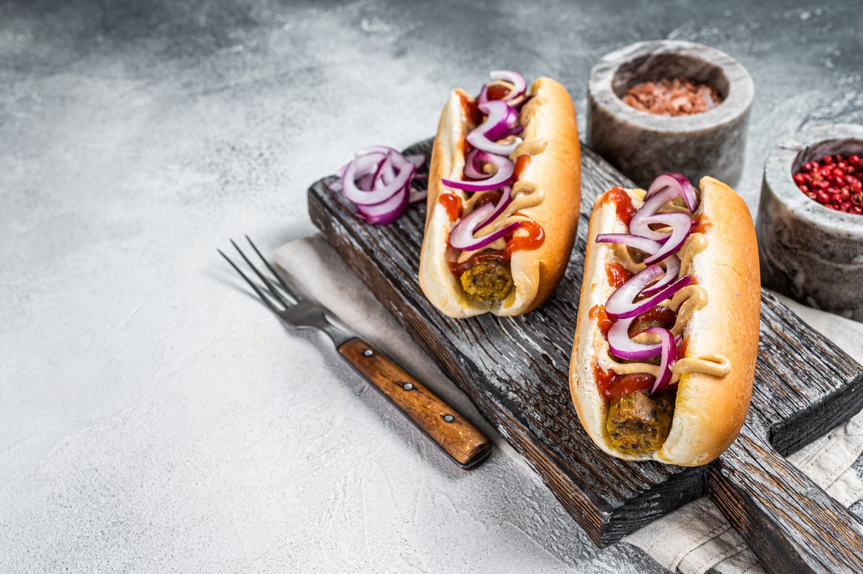 Vegetarian hot dog with with toppings