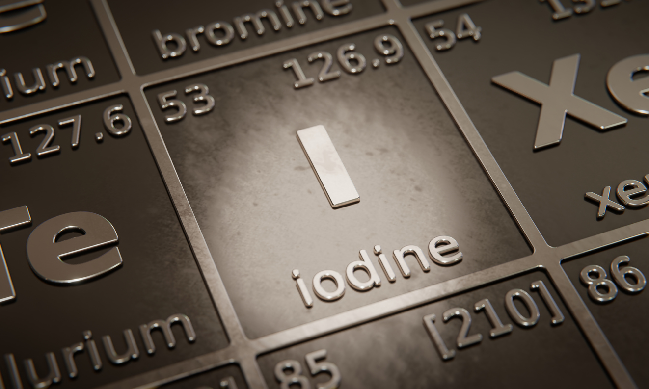 Highlight on chemical element Iodine in periodic table of elements. 3D rendering
