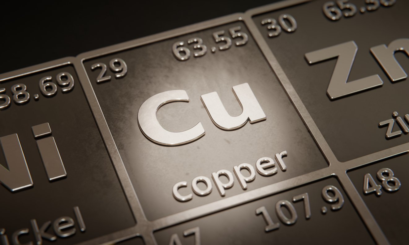 Highlight on chemical element Copper in periodic table of elements. 3D rendering