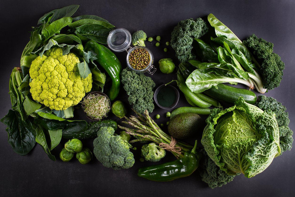 Variety of green vegetables. Clean eating, healthy nutrition and dieting concept. Local food, seasonal produce from the market. View from above, flat lay composition