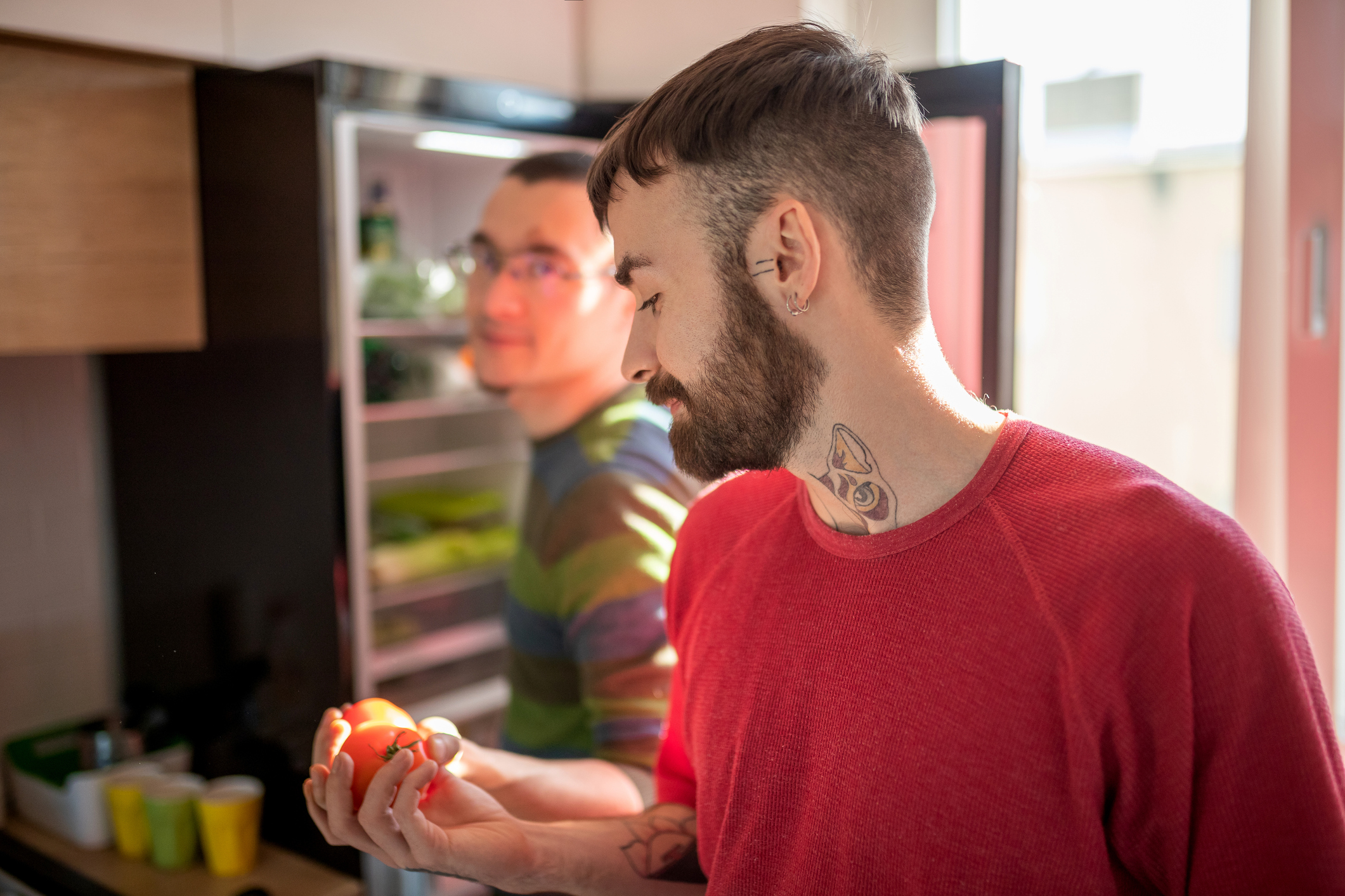 Gay couple choosing what to cook, taking fresh tomatoes from the refrigerator at home