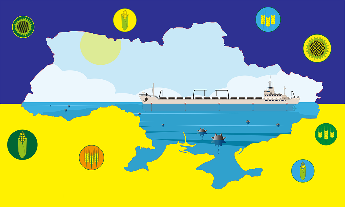 illustration of the first Ukrainian dry cargo ship with grain that left the port