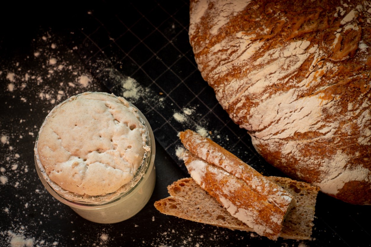 Loaf of artisan wheat and rye bread with graham flour. Sourdough starter on dark background. Top view.