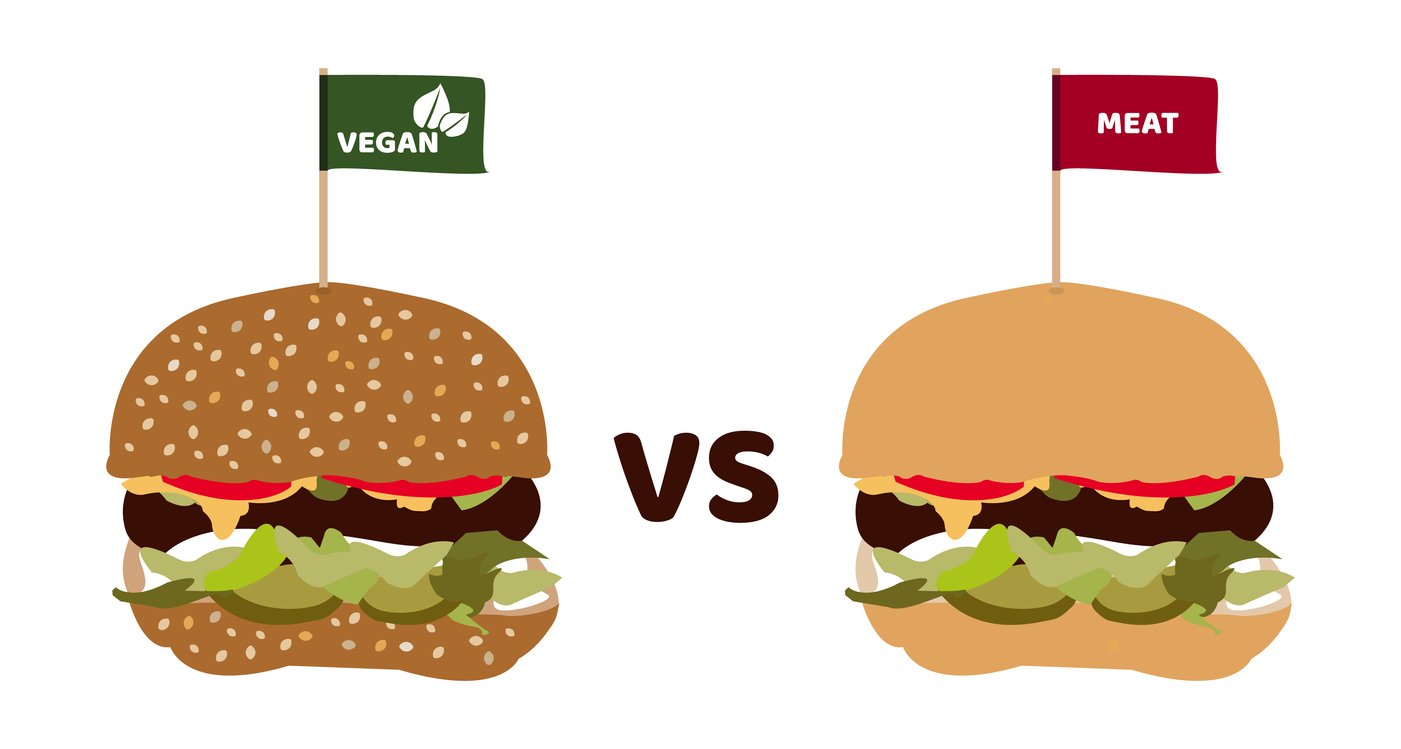 Vegan vs meat burger. Comparison of hamburger with a veggie patty with meat substitute or alternative and beef unhealthy patty. Vegetarian burger and meat burger.