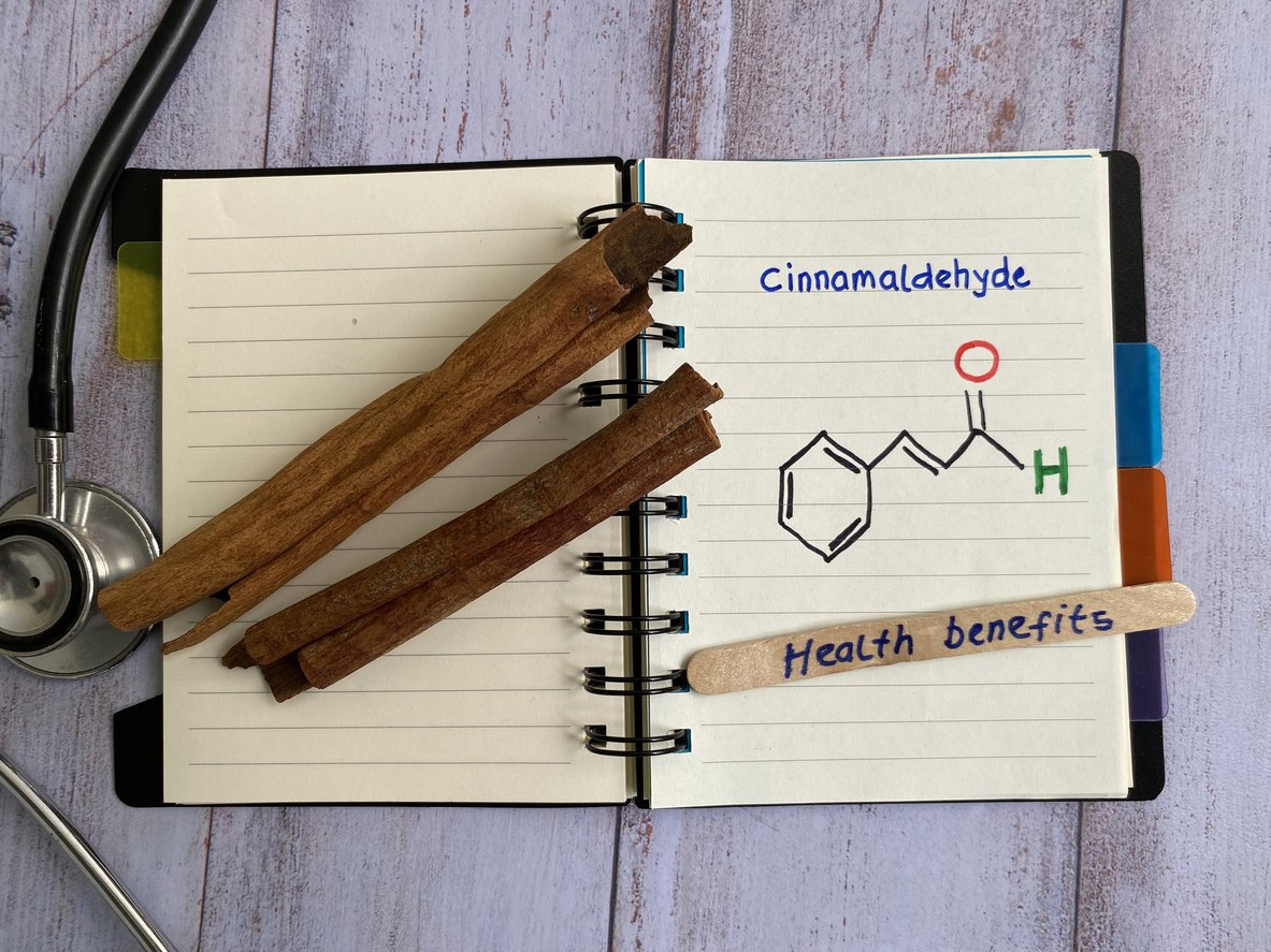 CONCEPT, Health Benefits Cinnamaldehyde structure form Cinnamon, heart disease, diabetes, Reduce Cholesterol Levels LDL Research data efficacy. Antioxidants and cancer effects.  For human, animal, poultry.