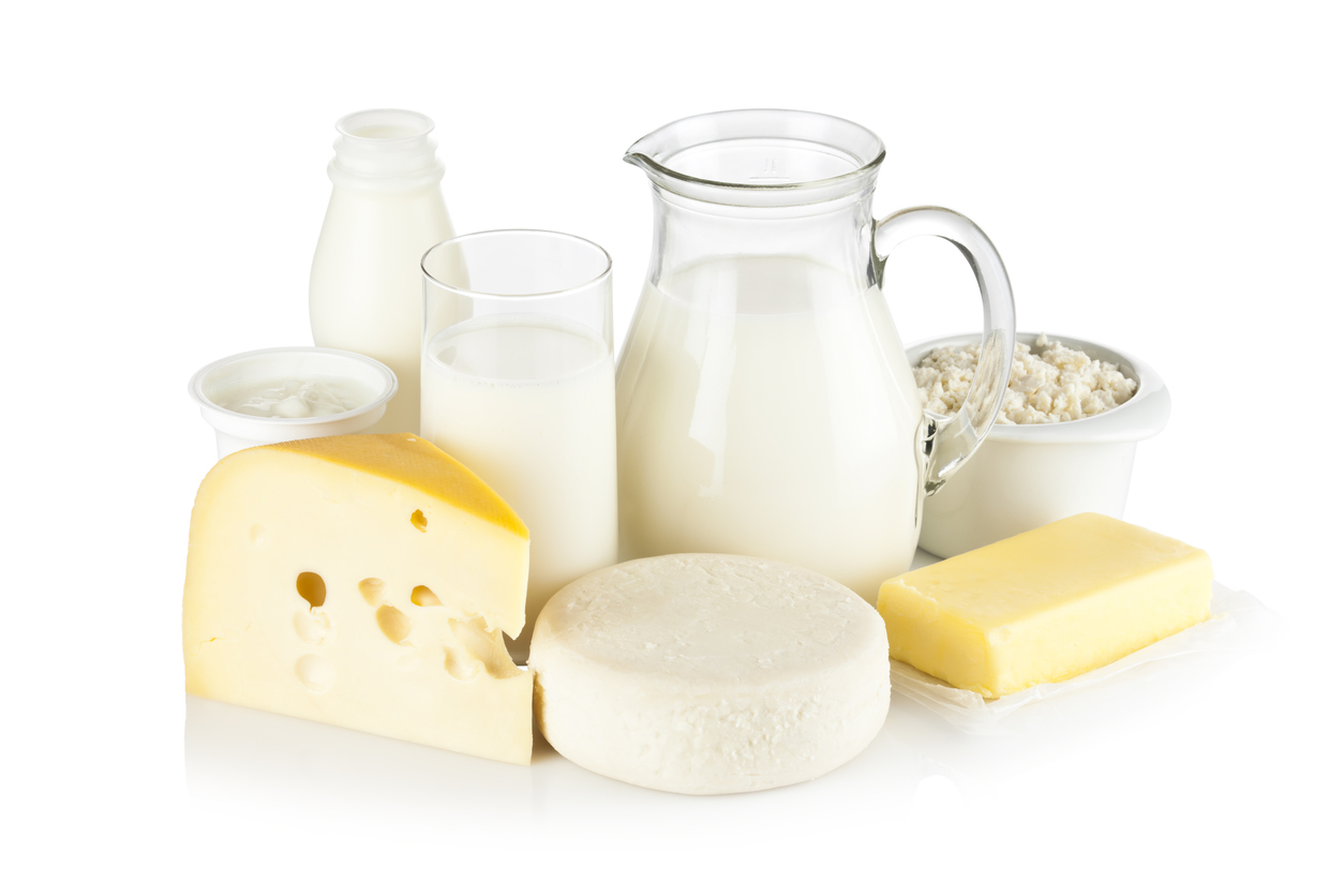 assortment of most common dairy products on white backdrop