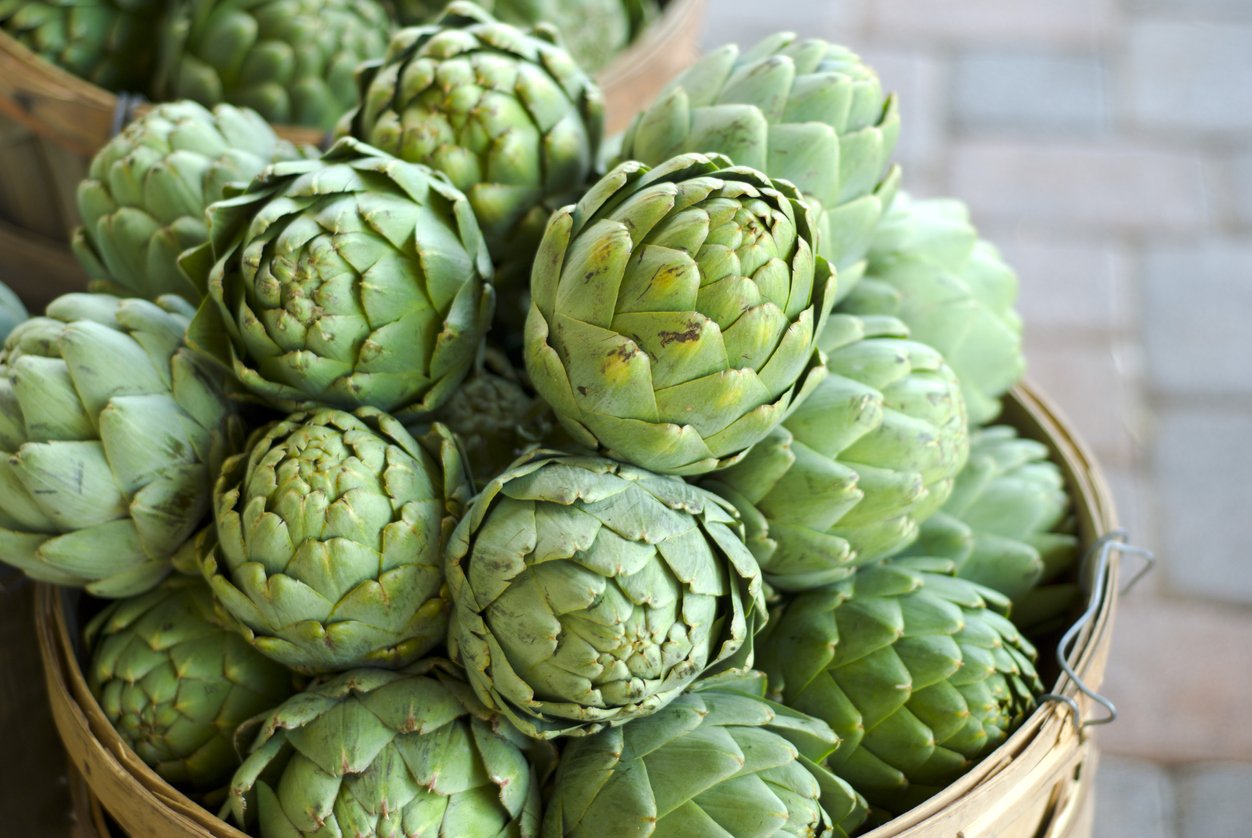 Artichokes Baskets, Fresh Spring Vegetables Food at Farmer's Market