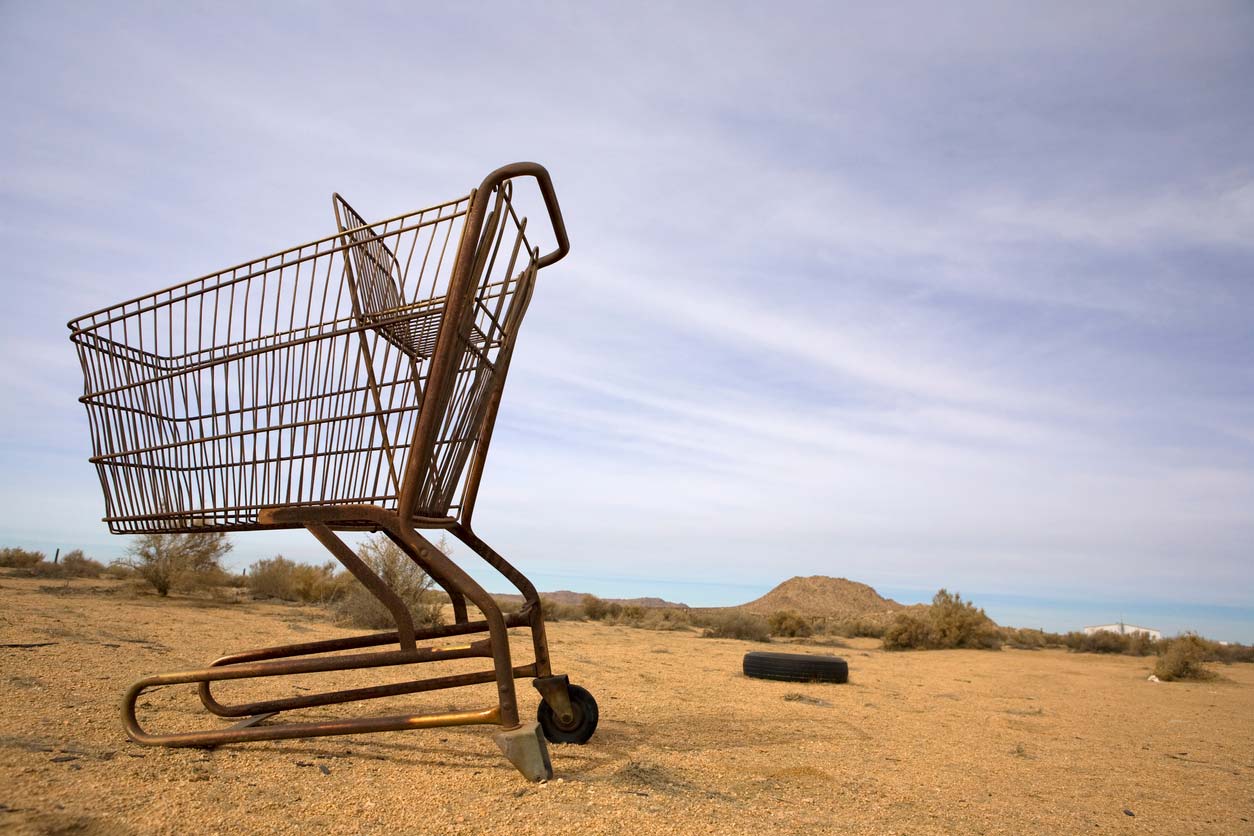 Food desert - empty shopping cart in desert