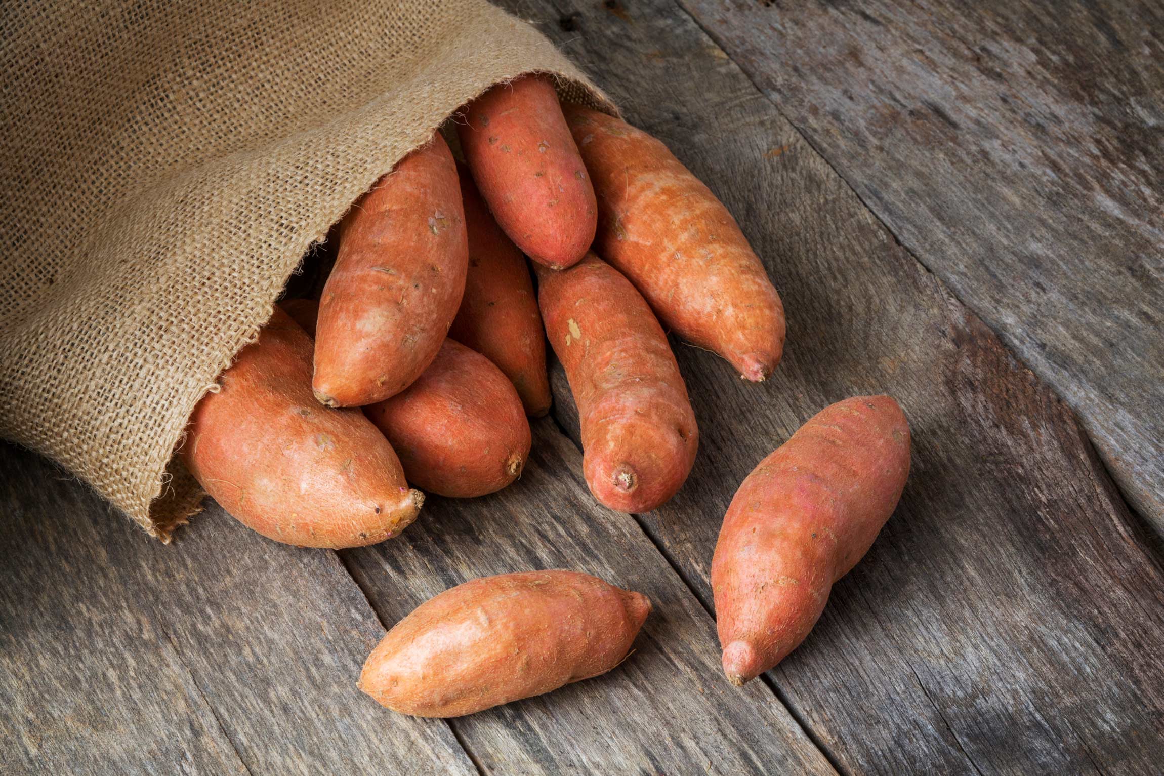 Sweet potatoes coming out of a burlap sack