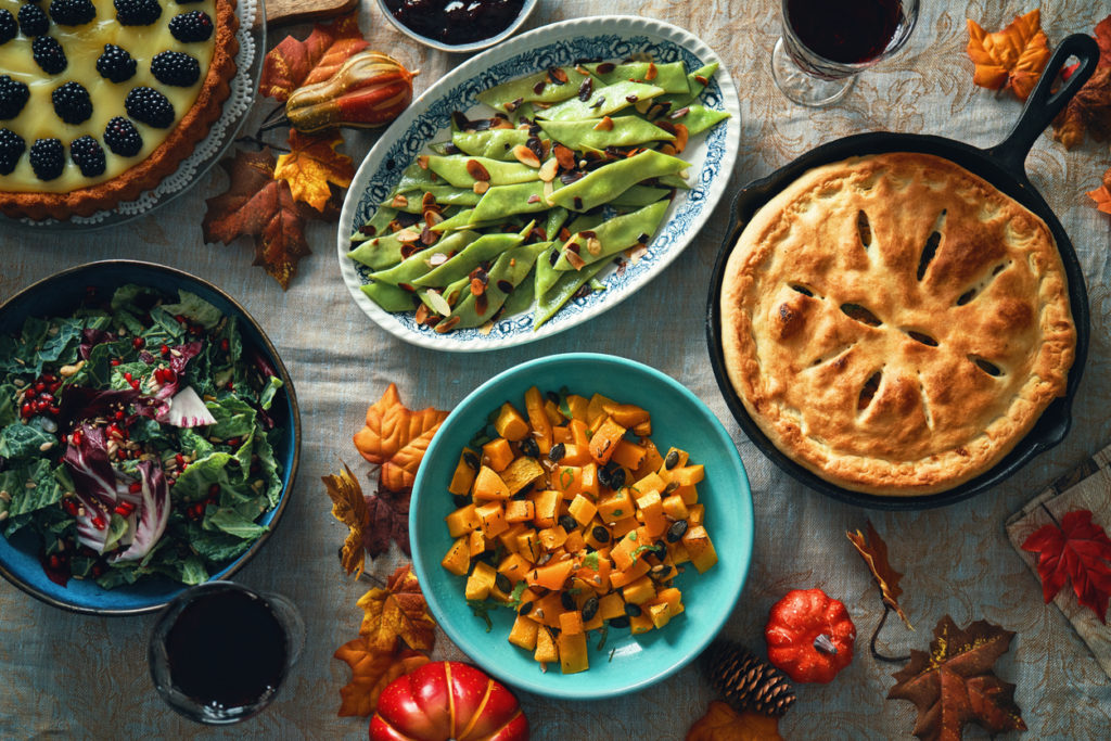 Vegan Thanksgiving Dinner with Pumpkin and Kale Pot Pie, Butternut Squash, Roasted Green Beans with Almond Bacon, Radicchio Clementine Salad and Berry Pie