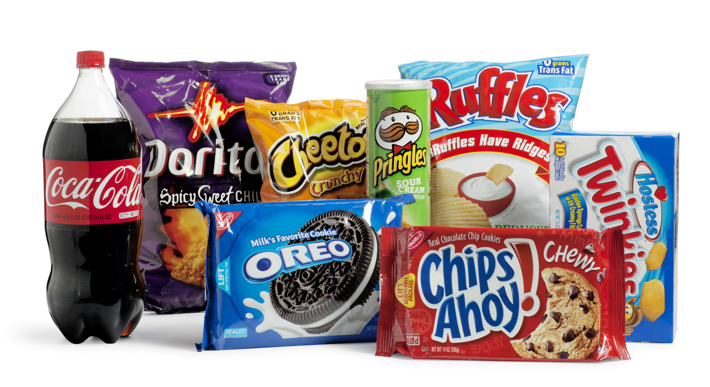 San Diego, California, United States - April 21st 2011: This is a photo taken in the studio on a white background of a variety of unhealthy foods. Ready to eat convenience food that is regular consumed can lead to obesity and health problems.